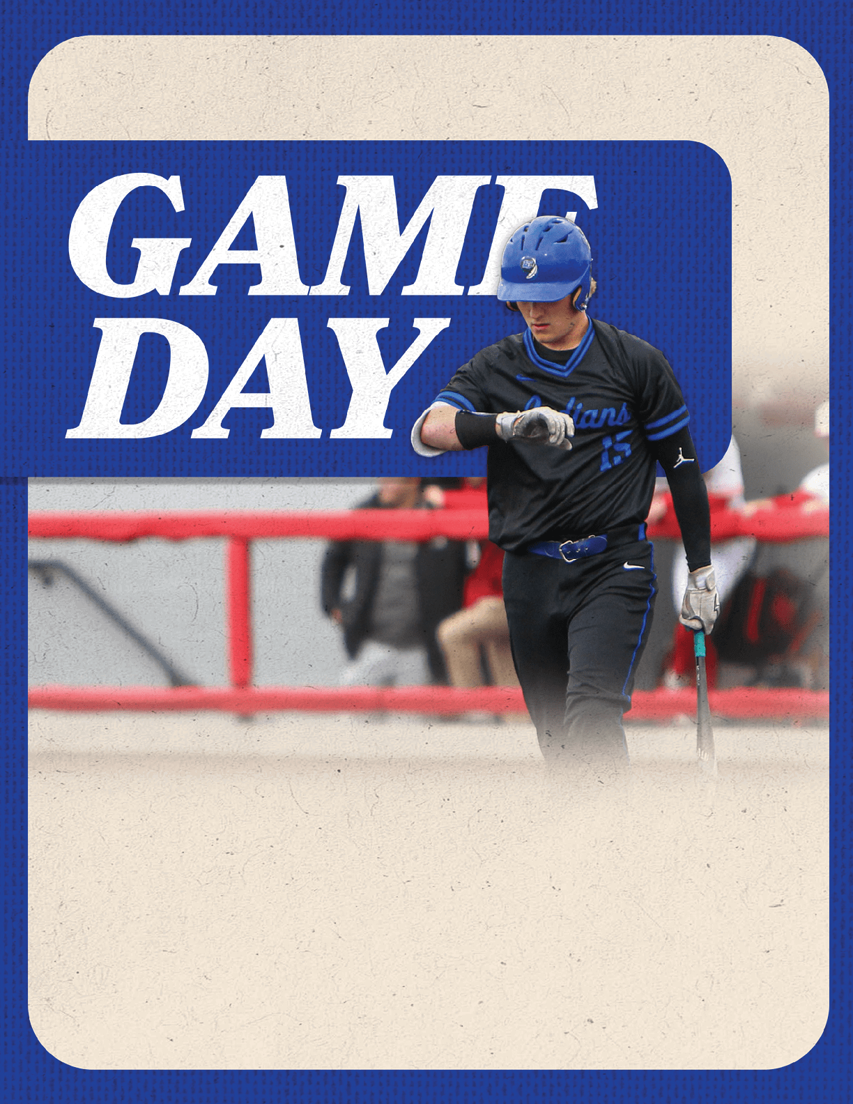 A baseball player wearing a blue helmet. Description generated by AI