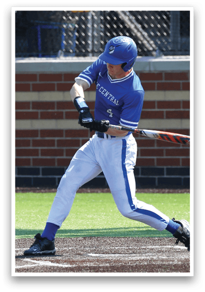 A baseball player is swinging a bat at a ball. Description generated by AI
