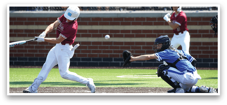 A baseball player is swinging a bat at a ball. Description generated by AI