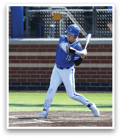 A baseball player is swinging a bat at a ball. Description generated by AI