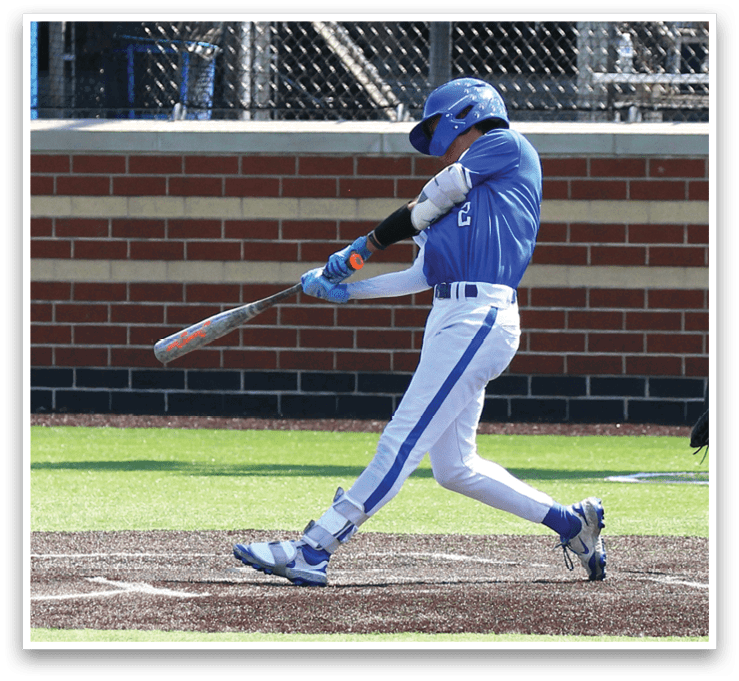 A baseball player is swinging a bat at a ball. Description generated by AI
