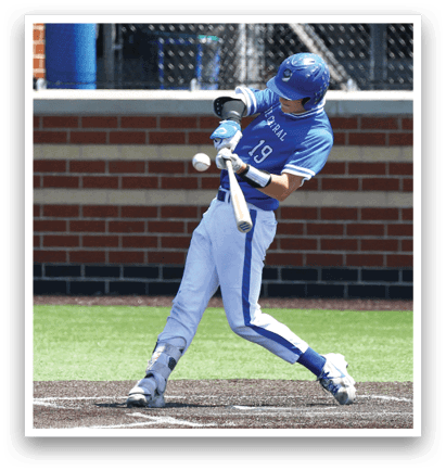 A baseball player is swinging a bat at a ball. Description generated by AI
