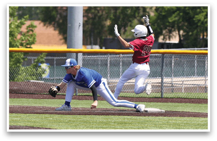 A baseball player sliding into a base. Description generated by AI
