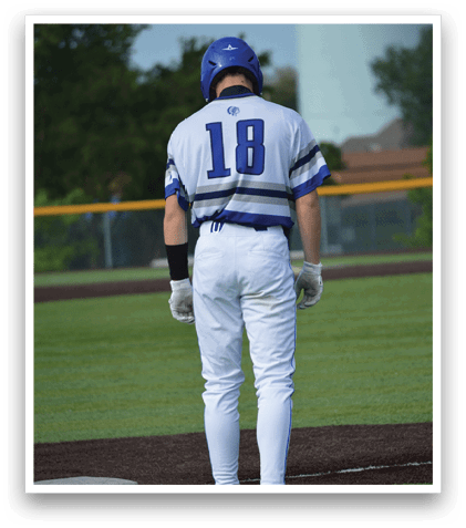 A baseball player wearing a blue helmet and white uniform. Description generated by AI