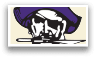 A pirate logo with a sword in its mouth. Description generated by AI