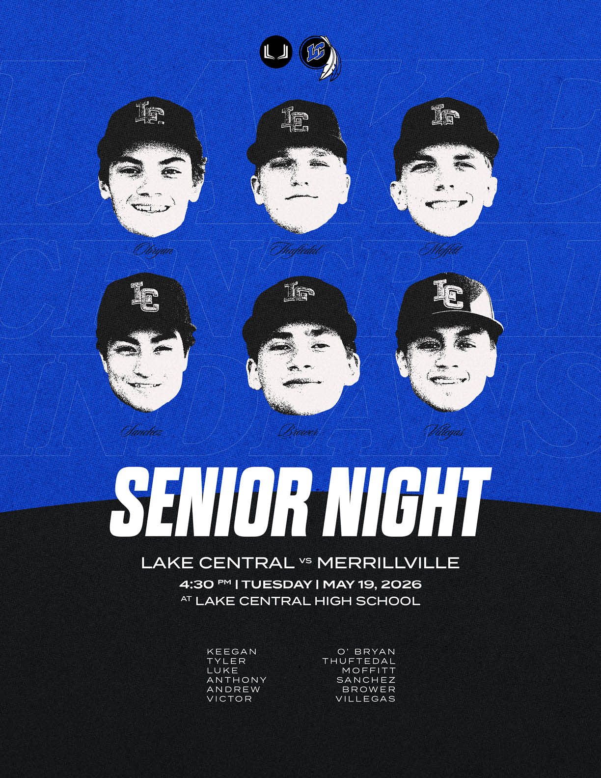 A blue poster with the words “Senior Night" written in white. Description generated by AI