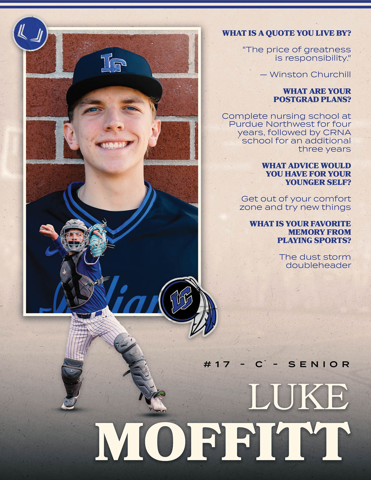 A young man wearing a baseball uniform and a catcher's mitt. Description generated by AI