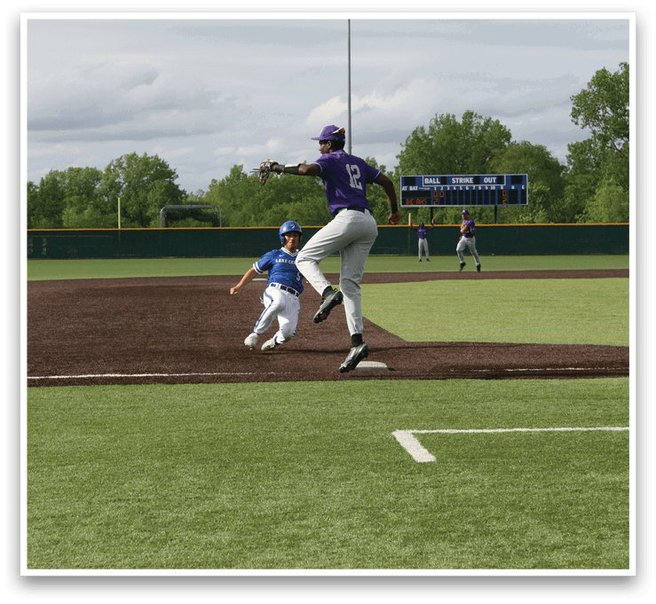 A baseball player is jumping in the air to catch a ball. Description generated by AI