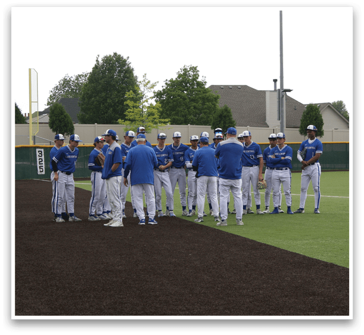 Baseball players standing on a field. Description generated by AI