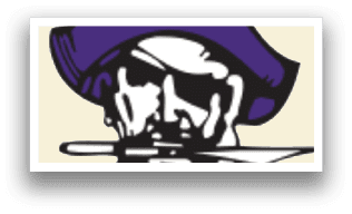 A pirate logo with a sword in its mouth. Description generated by AI