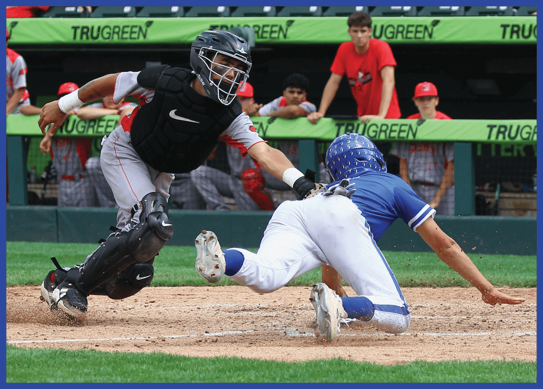 A baseball player slides into a base. Description generated by AI