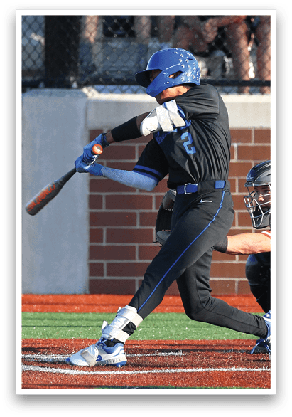 A baseball player is swinging a bat at a ball. Description generated by AI