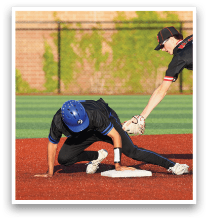 A baseball player slides into a base. Description generated by AI