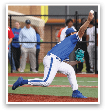 A baseball player in a blue and white uniform is throwing a ball. Description generated by AI
