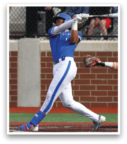 A baseball player is swinging a bat at a ball. Description generated by AI