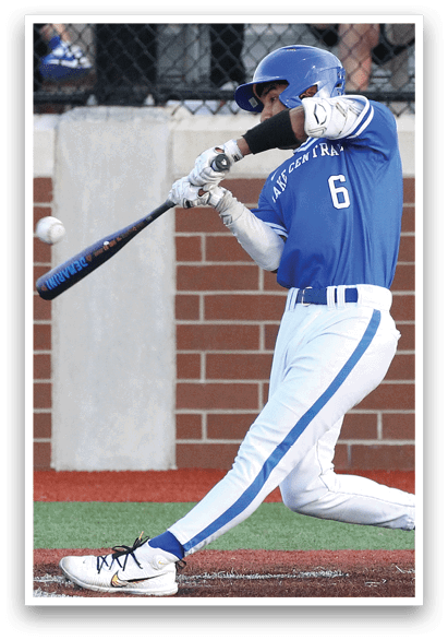 A baseball player is swinging a bat at a ball. Description generated by AI