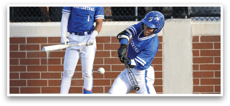 A baseball player is swinging a bat at a ball. Description generated by AI