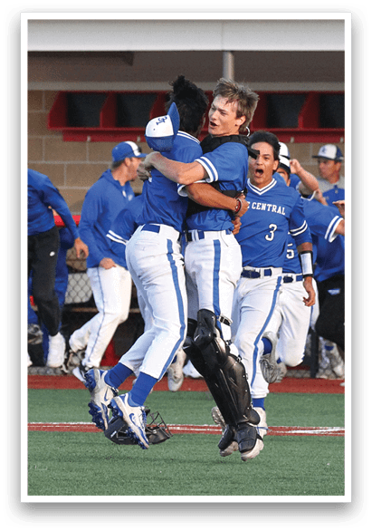 A group of baseball players celebrating a win. Description generated by AI