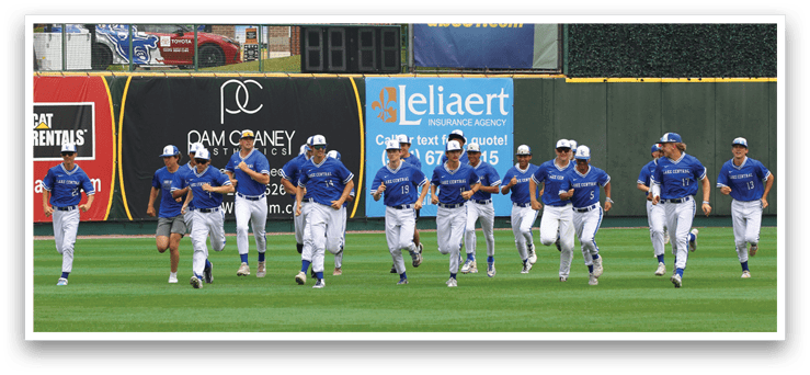 A group of baseball players running on a field. Description generated by AI
