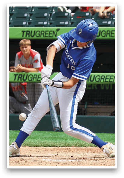 A baseball player in a blue helmet and white uniform is swinging a bat. Description generated by AI