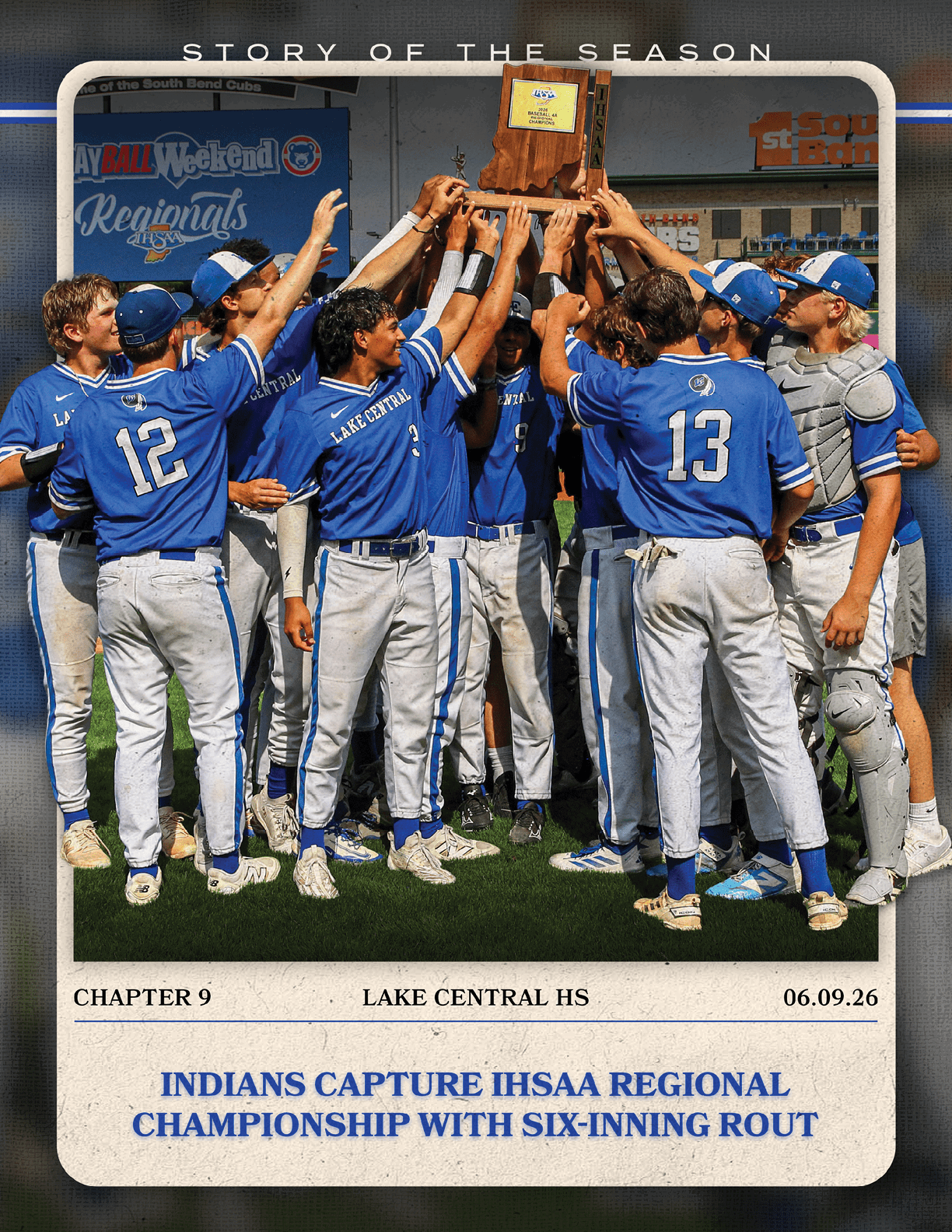 A group of baseball players holding up a trophy. Description generated by AI