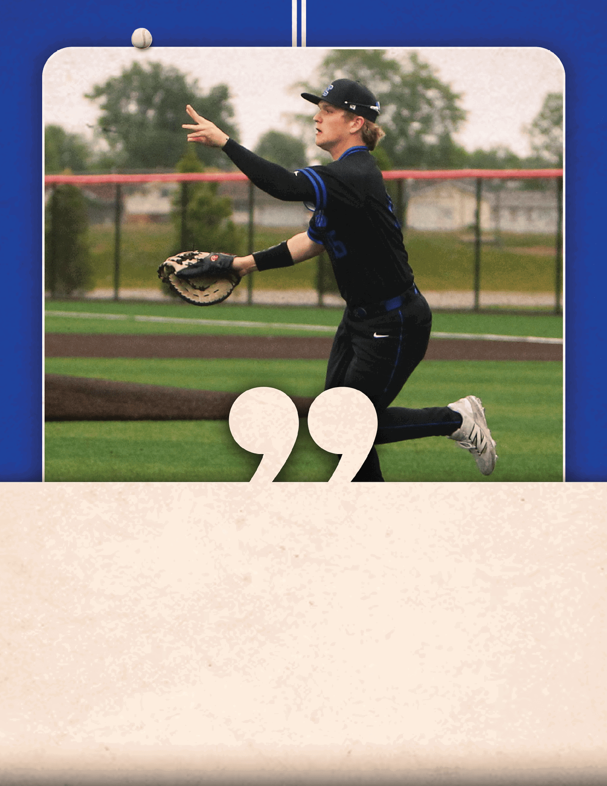 A baseball player wearing a black and blue uniform. Description generated by AI