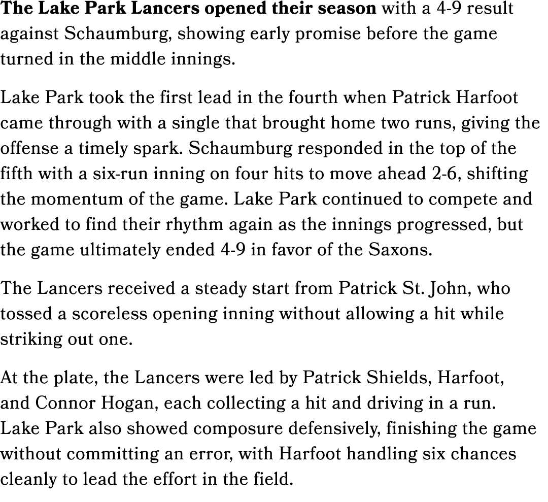 The Lake Park Lancers opened their season with a 4 9 result against Schaumburg, showing early promise before the game...