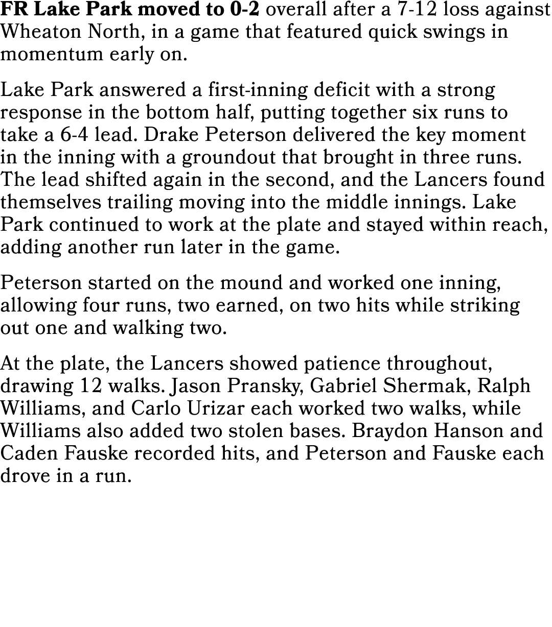 FR Lake Park moved to 0 2 overall after a 7 12 loss against Wheaton North, in a game that featured quick swings in mo...