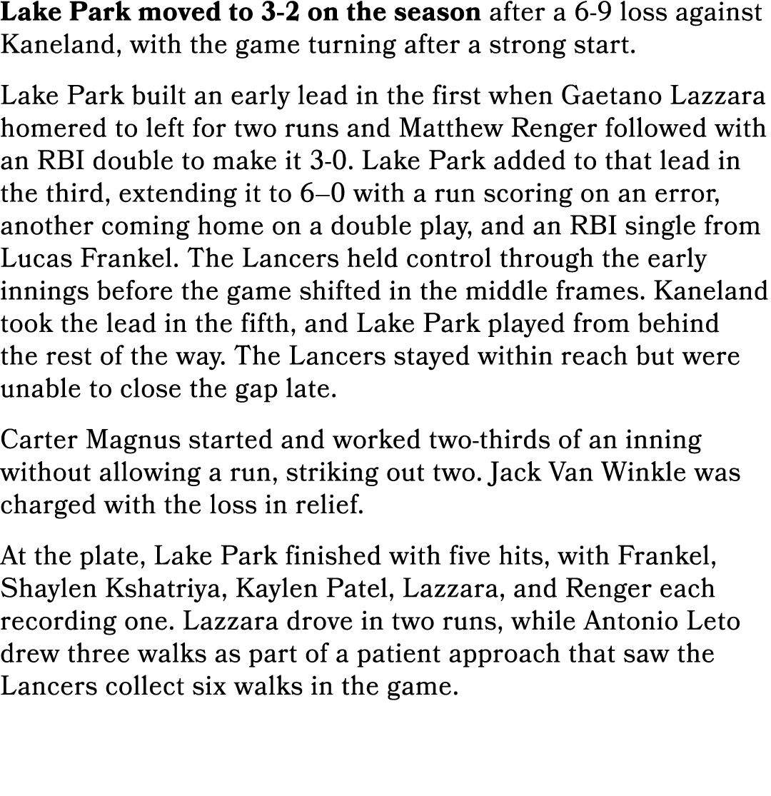 Lake Park moved to 3 2 on the season after a 6 9 loss against Kaneland, with the game turning after a strong start. L...