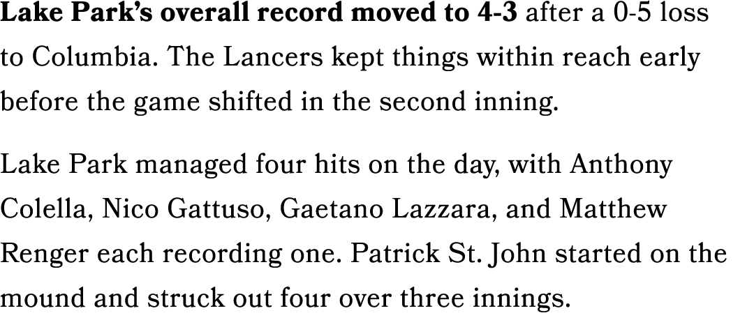 Lake Park’s overall record moved to 4 3 after a 0 5 loss to Columbia. The Lancers kept things within reach early befo...
