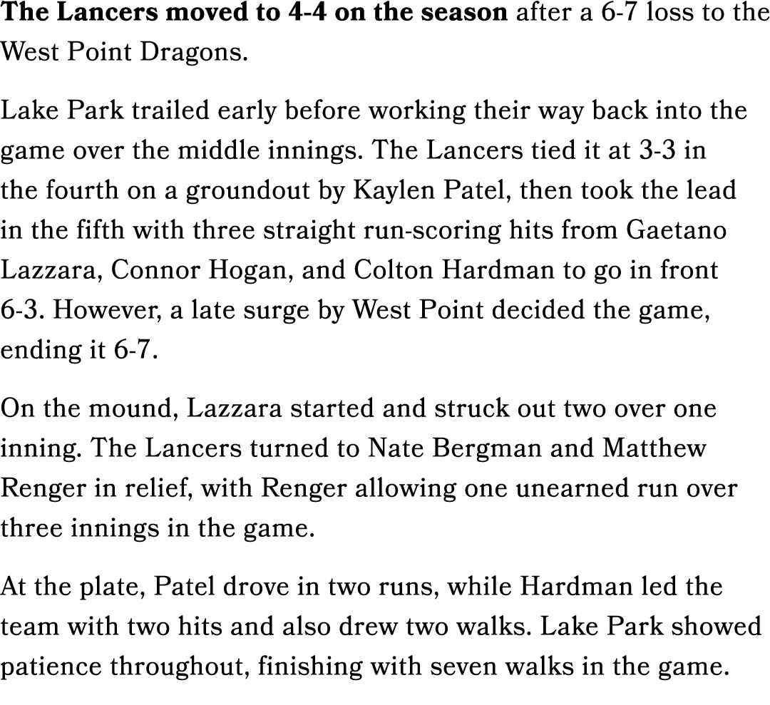 The Lancers moved to 4 4 on the season after a 6 7 loss to the West Point Dragons. Lake Park trailed early before wor...