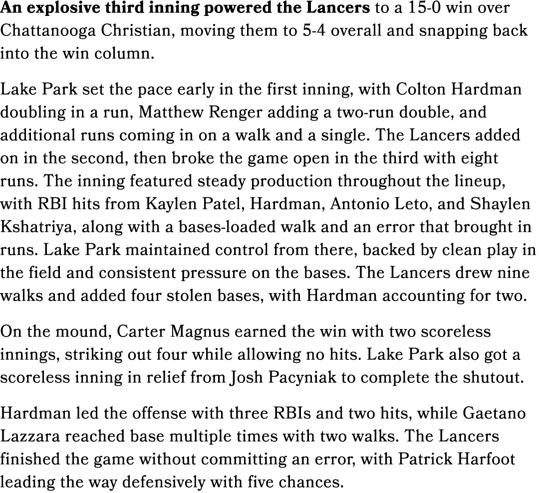 An explosive third inning powered the Lancers to a 15 0 win over Chattanooga Christian, moving them to 5 4 overall an...