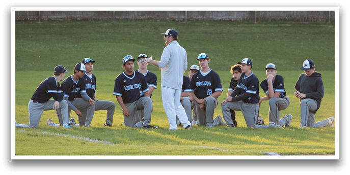 A group of baseball players kneeling on a field, listening to a coach. AI generated content