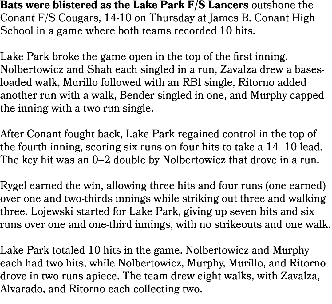 Bats were blistered as the Lake Park F/S Lancers outshone the Conant F/S Cougars, 14 10 on Thursday at James B. Conan...