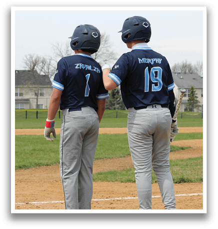 Two baseball players wearing blue uniforms and helmets are standing on a field. AI generated content