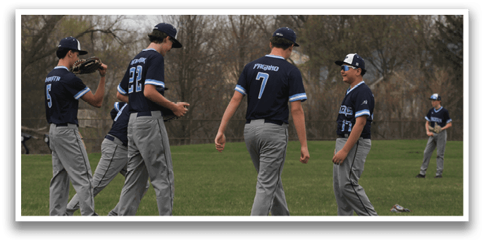 A group of baseball players standing on a field, some of them wearing blue and white uniforms. AI generated content