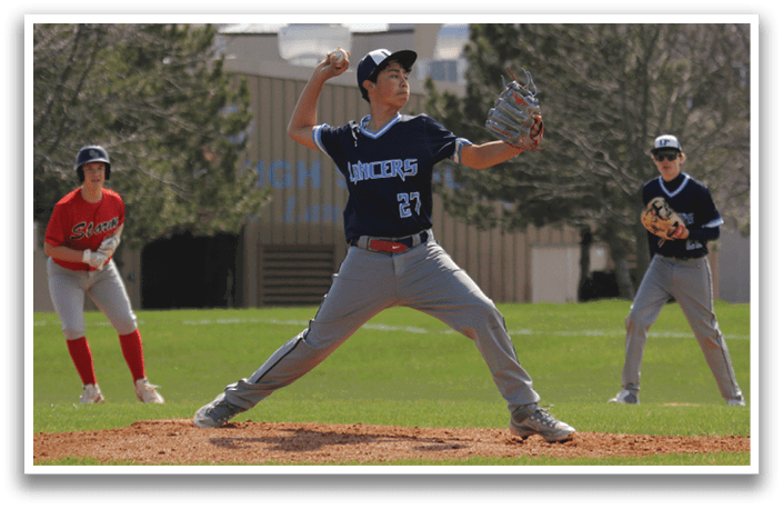 A baseball player in a blue shirt and gray pants is pitching a ball. Two other players are standing behind him, one on the left and one on the right. AI generated content