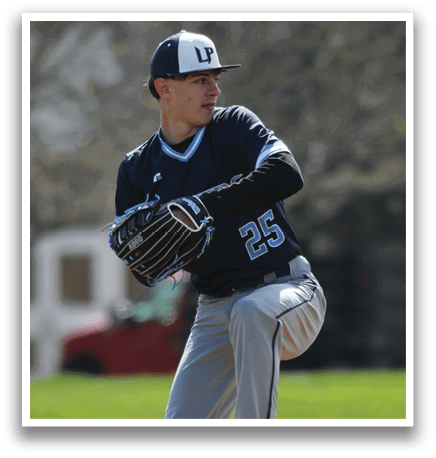 A baseball player in a blue and white uniform is pitching a ball on a field. AI generated content