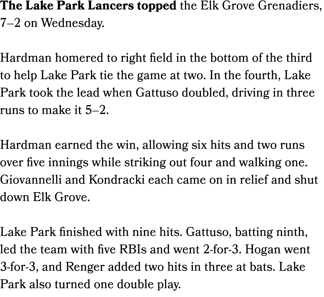 The Lake Park Lancers topped the Elk Grove Grenadiers, 7–2 on Wednesday. Hardman homered to right field in the bottom...