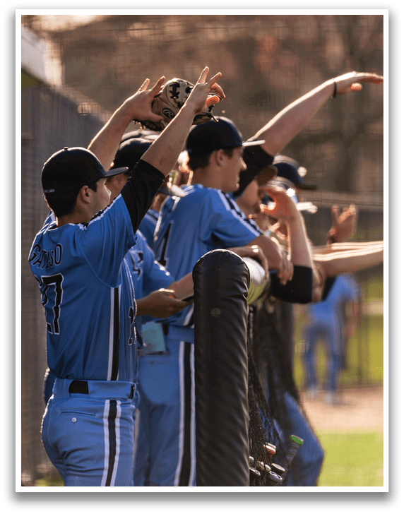 Baseball players on a field, some of them pointing upwards. AI generated content