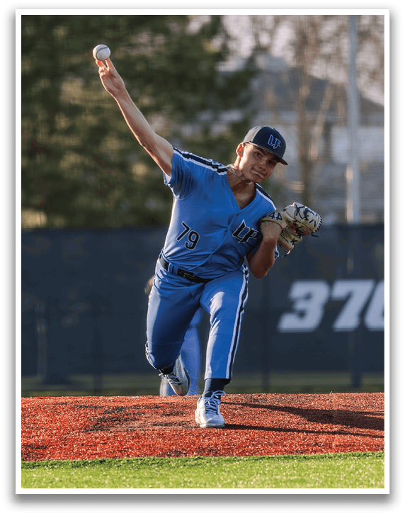 A baseball player in a blue uniform is pitching a ball on a field. AI generated content