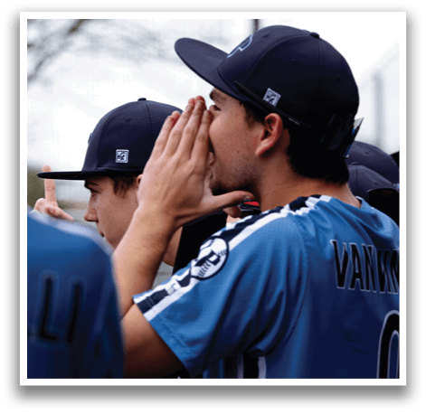 A baseball player wearing a blue shirt and blue hat is pointing at something. AI generated content
