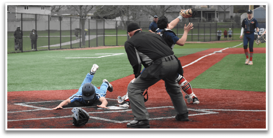 A baseball player slides into home plate, while the catcher tries to tag him out. The umpire is also present, making a call on the play. AI generated content