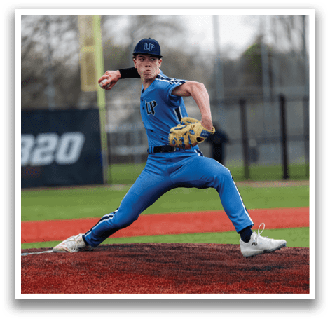 A baseball player in a blue uniform is pitching a ball on a field. AI generated content