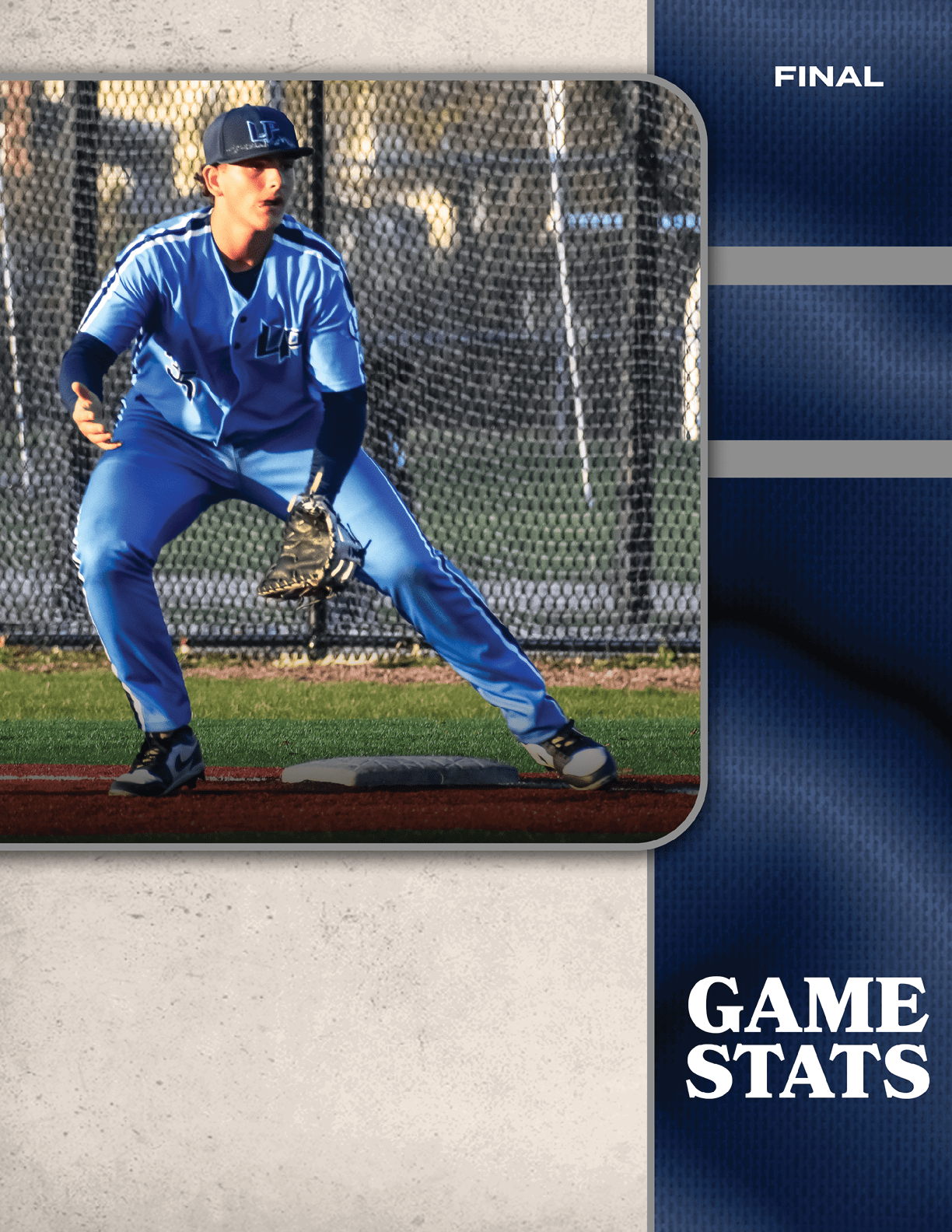 A baseball player in a blue uniform is crouched down and ready to catch a ball. AI generated content