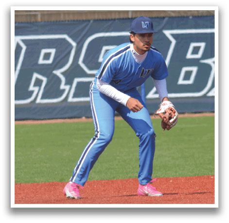 A baseball player in a blue uniform is standing on the field, holding a mitt. AI generated content