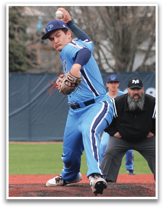 A baseball player in a blue uniform is pitching a ball. AI generated content