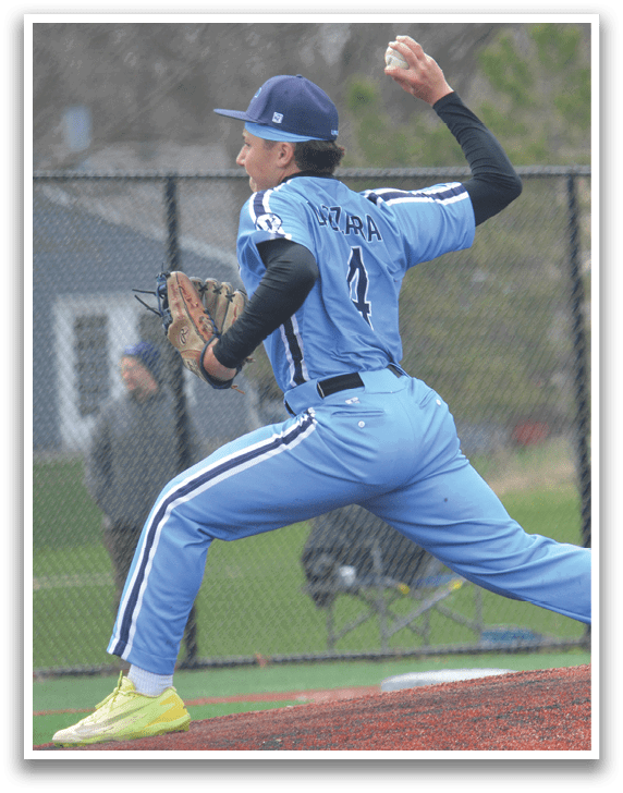 A baseball player in a blue uniform is pitching a ball. AI generated content
