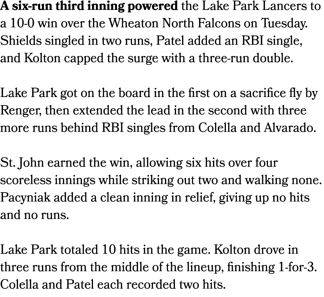 A six run third inning powered the Lake Park Lancers to a 10 0 win over the Wheaton North Falcons on Tuesday. Shields...