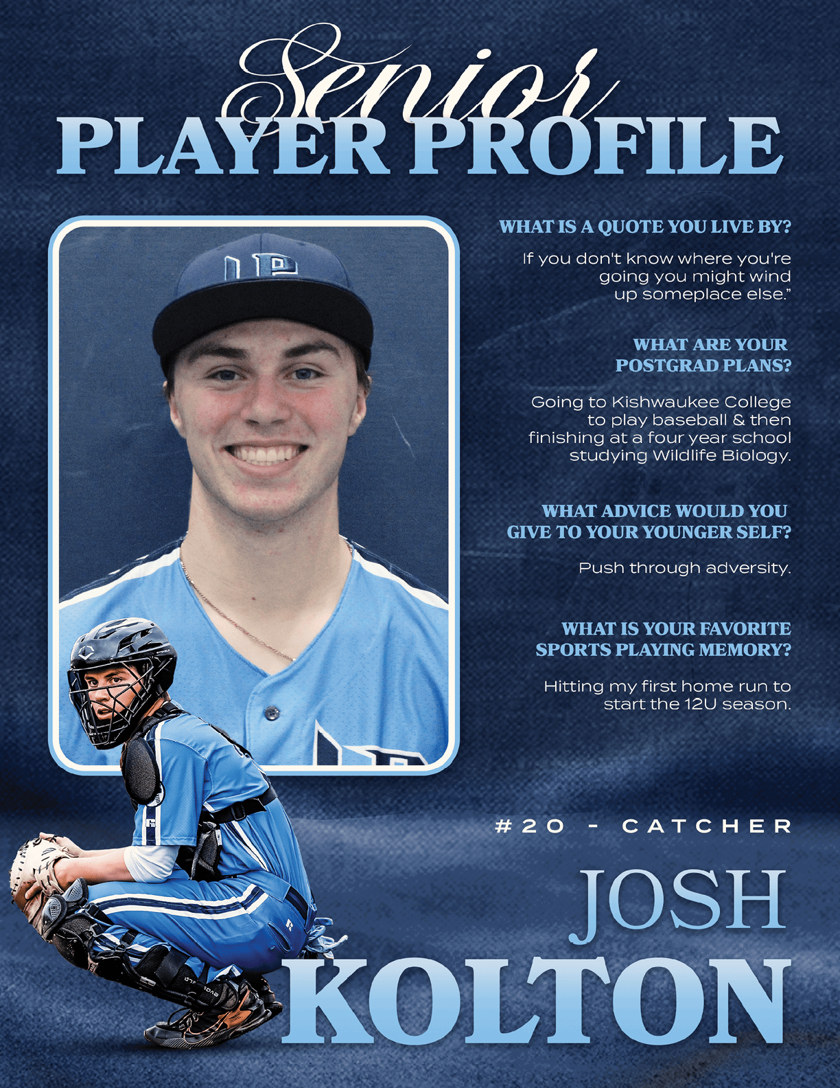 A young man wearing a blue baseball uniform is featured in a senior player profile. AI generated content